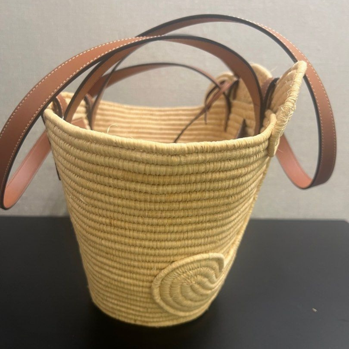 CELINE CLASSIC SMALL BASKET WITH WOVEN TRIOMPHE IN RAFFIA AND CALFSKIN
