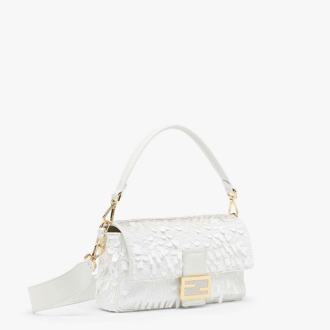FENDI WHITE SEQUIN AND LEATHER BAGUETTE BAG
